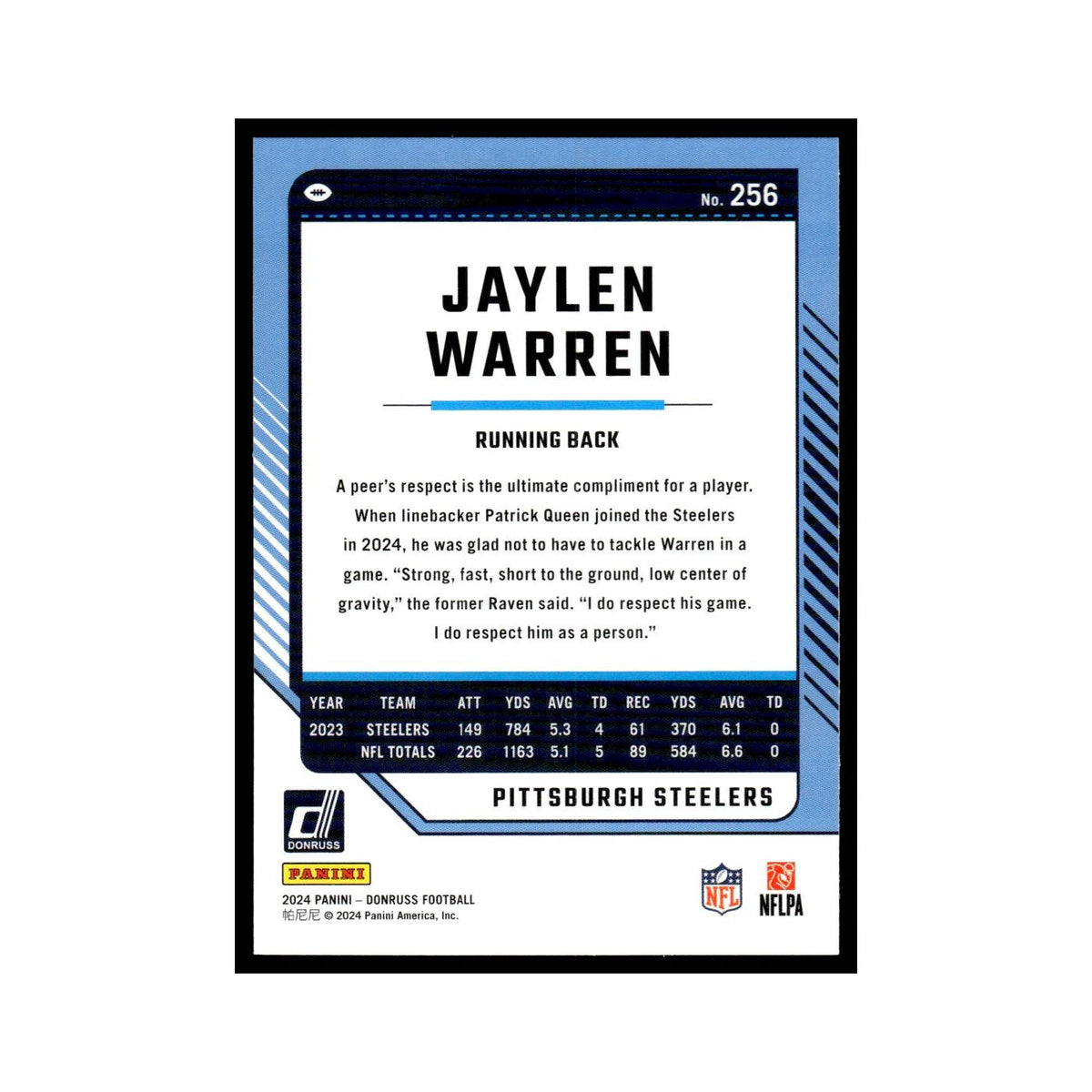 Jaylen Warren 2024 Donruss #256 Pittsburgh Steelers Football Card NM
