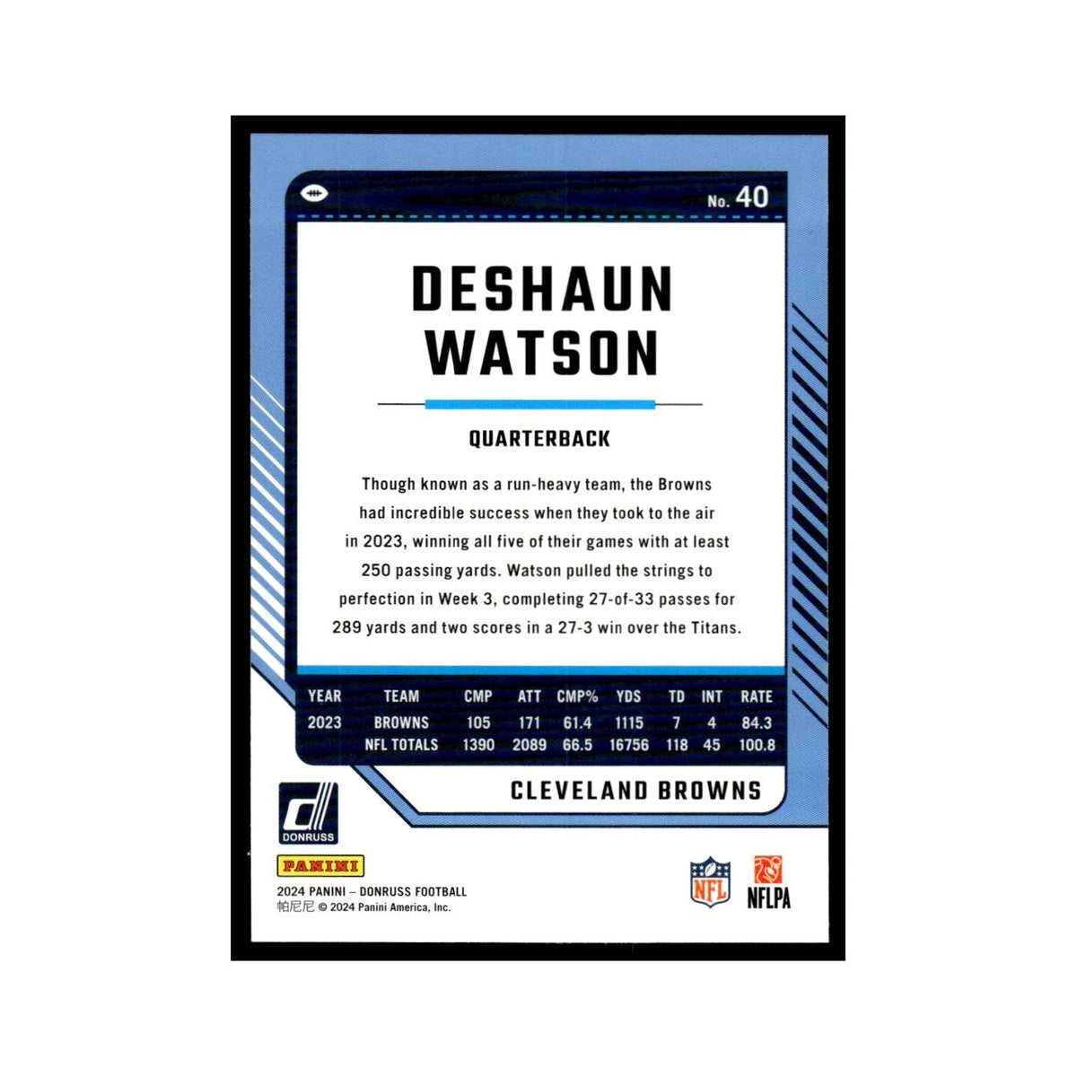 Deshaun Watson 2024 Donruss #40 Cleveland Browns Football Card NM