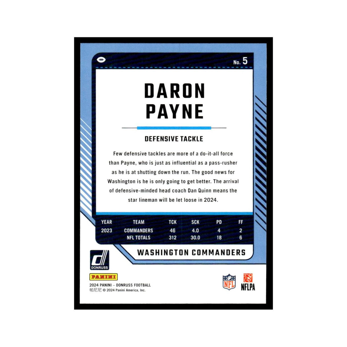 Daron Payne 2024 Donruss #5 Washington Commanders Football Card NM