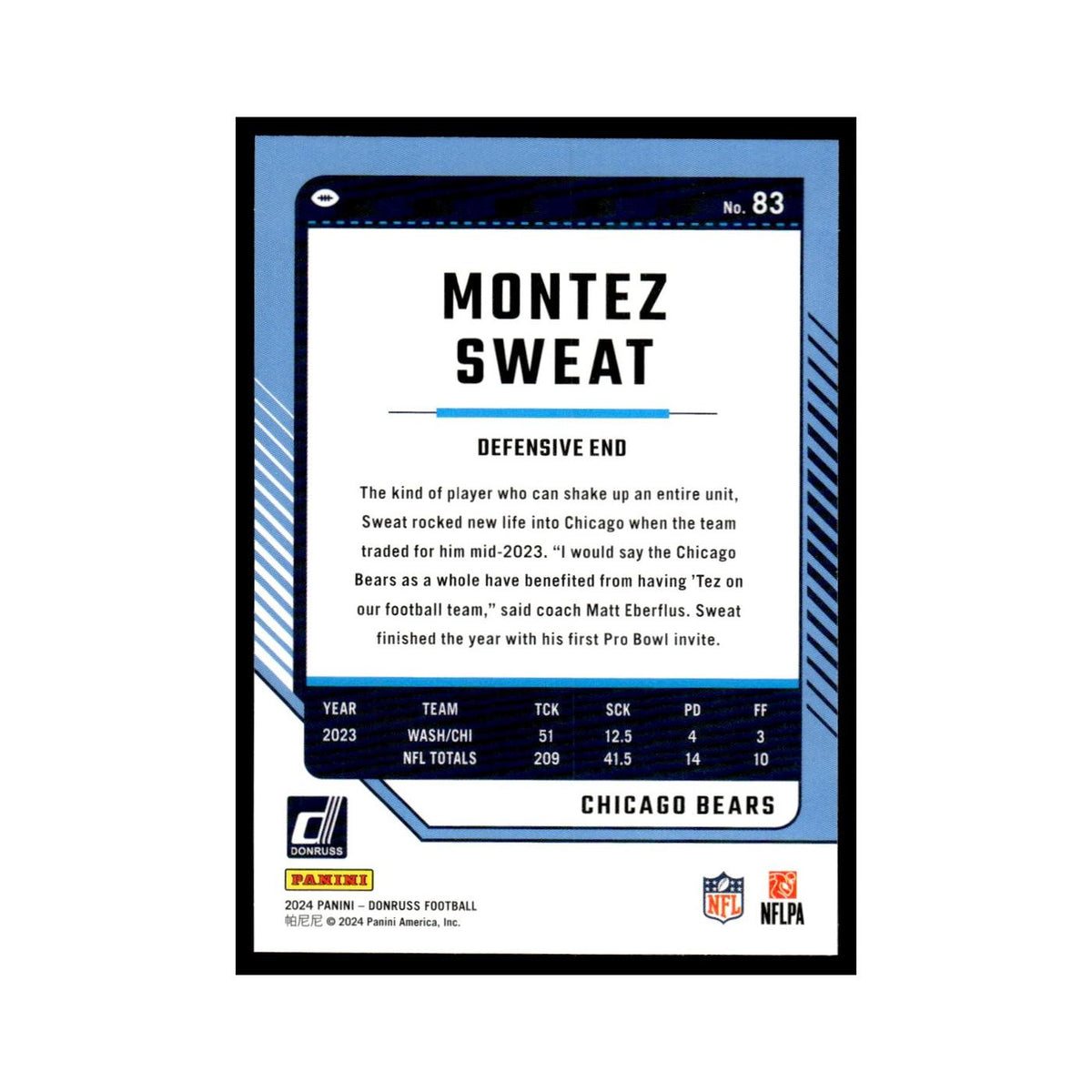 Montez Sweat 2024 Donruss #83 Chicago Bears Football Card NM