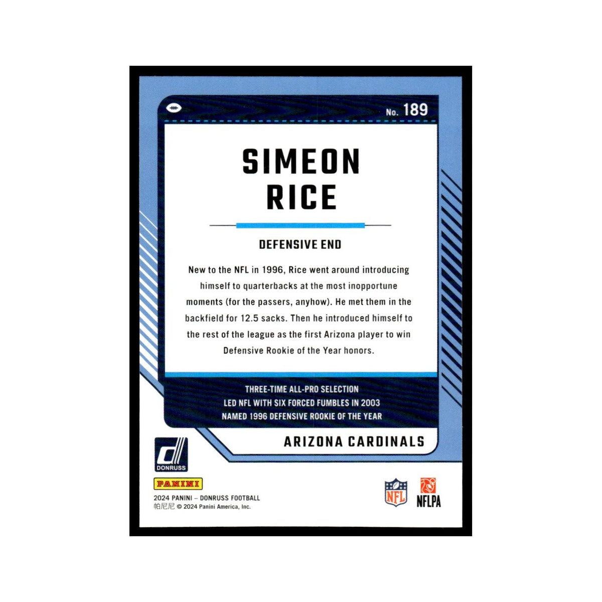 Simeon Rice 2024 Donruss #189 Arizona Cardinals Football Card NM