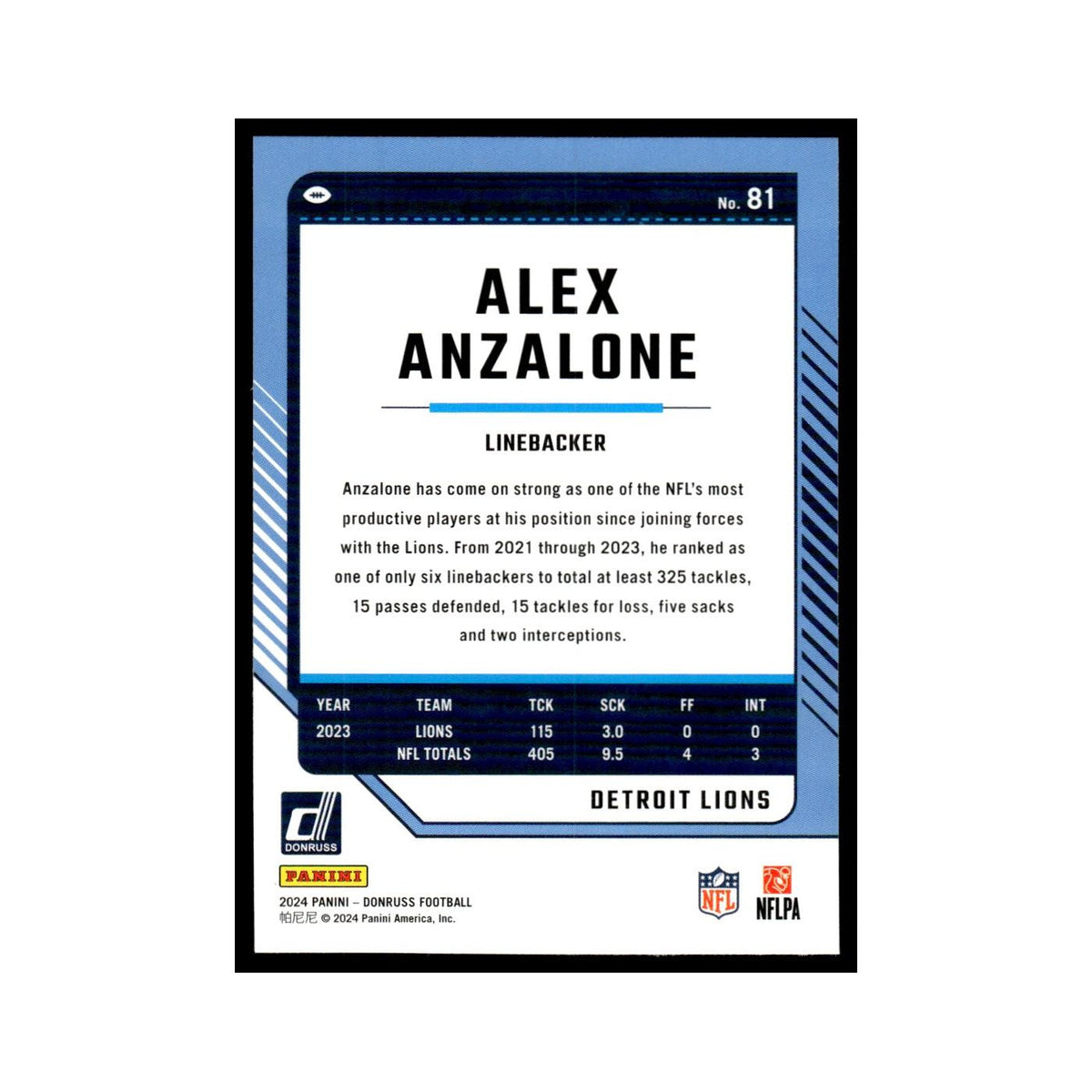 Alex Anzalone 2024 Donruss #81 Detroit Lions Football Card NM
