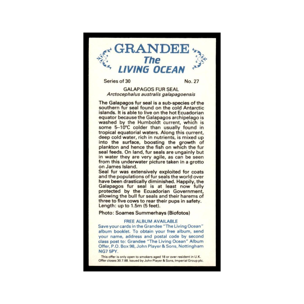 Galapagos Fur Seal 1985 Grandee Cigars The Living Ocean #27 Baseball Card EX