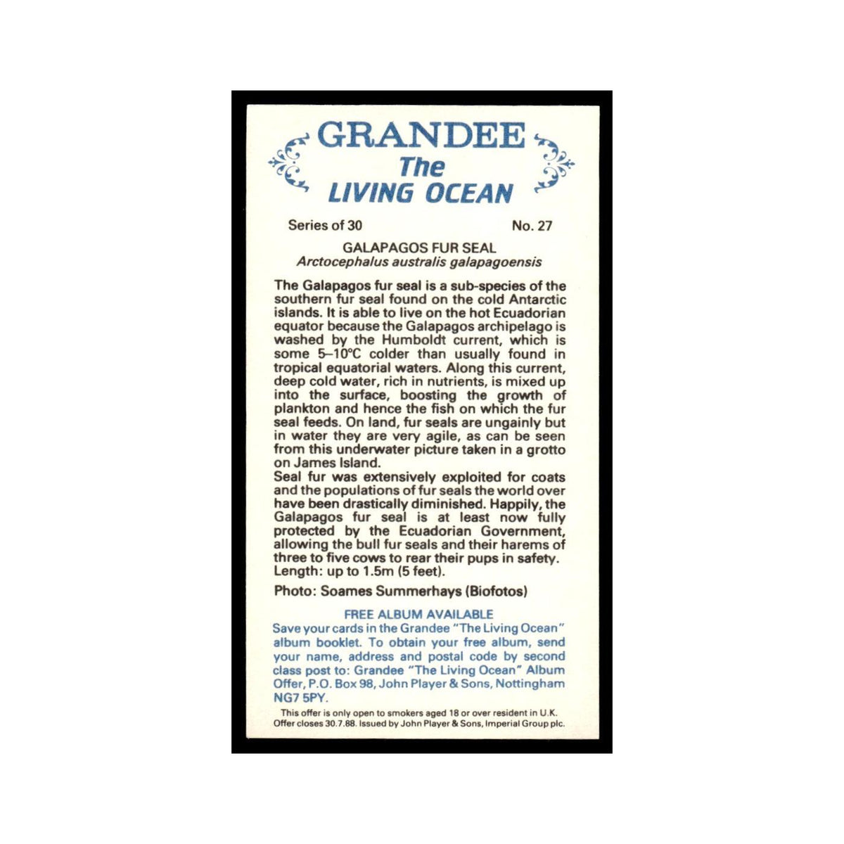 Galapagos Fur Seal 1985 Grandee Cigars The Living Ocean #27 Baseball Card EX