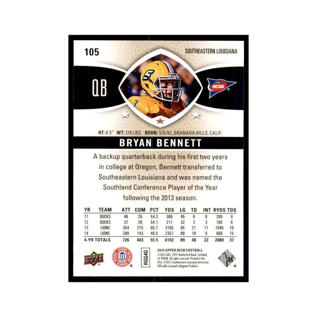 Bryan Bennett Rookie 2015 Upper Deck #105 Football Cards Football Card NM
