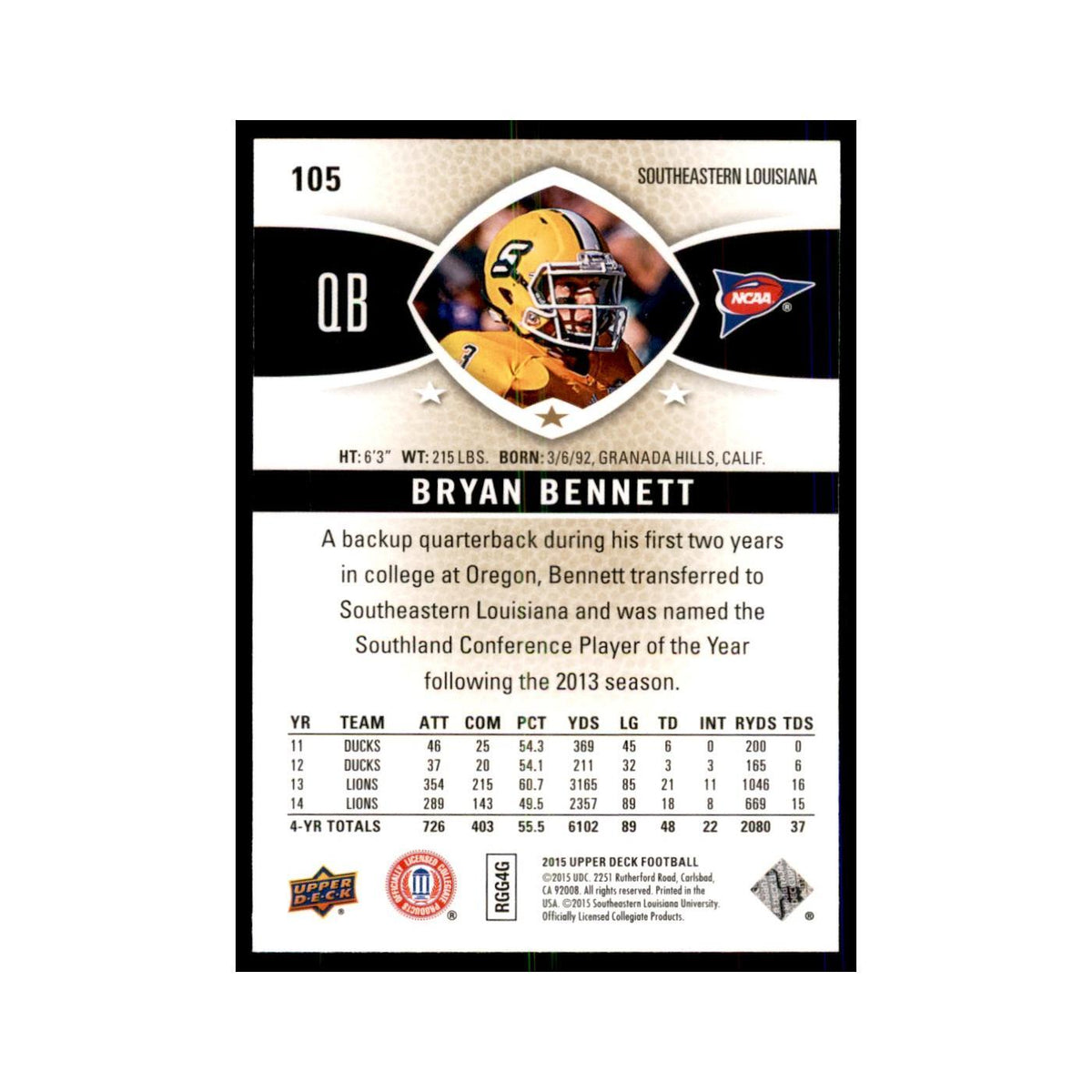 Bryan Bennett Rookie 2015 Upper Deck #105 Football Cards Football Card NM