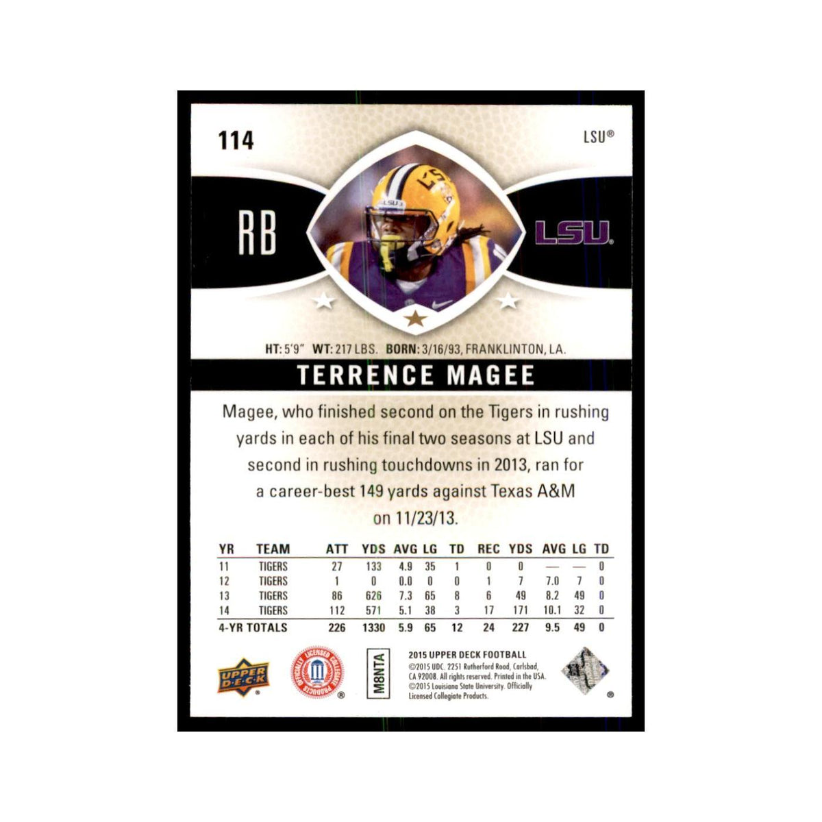 Terrence Magee Rookie 2015 Upper Deck #114 Football Cards Football Card NM