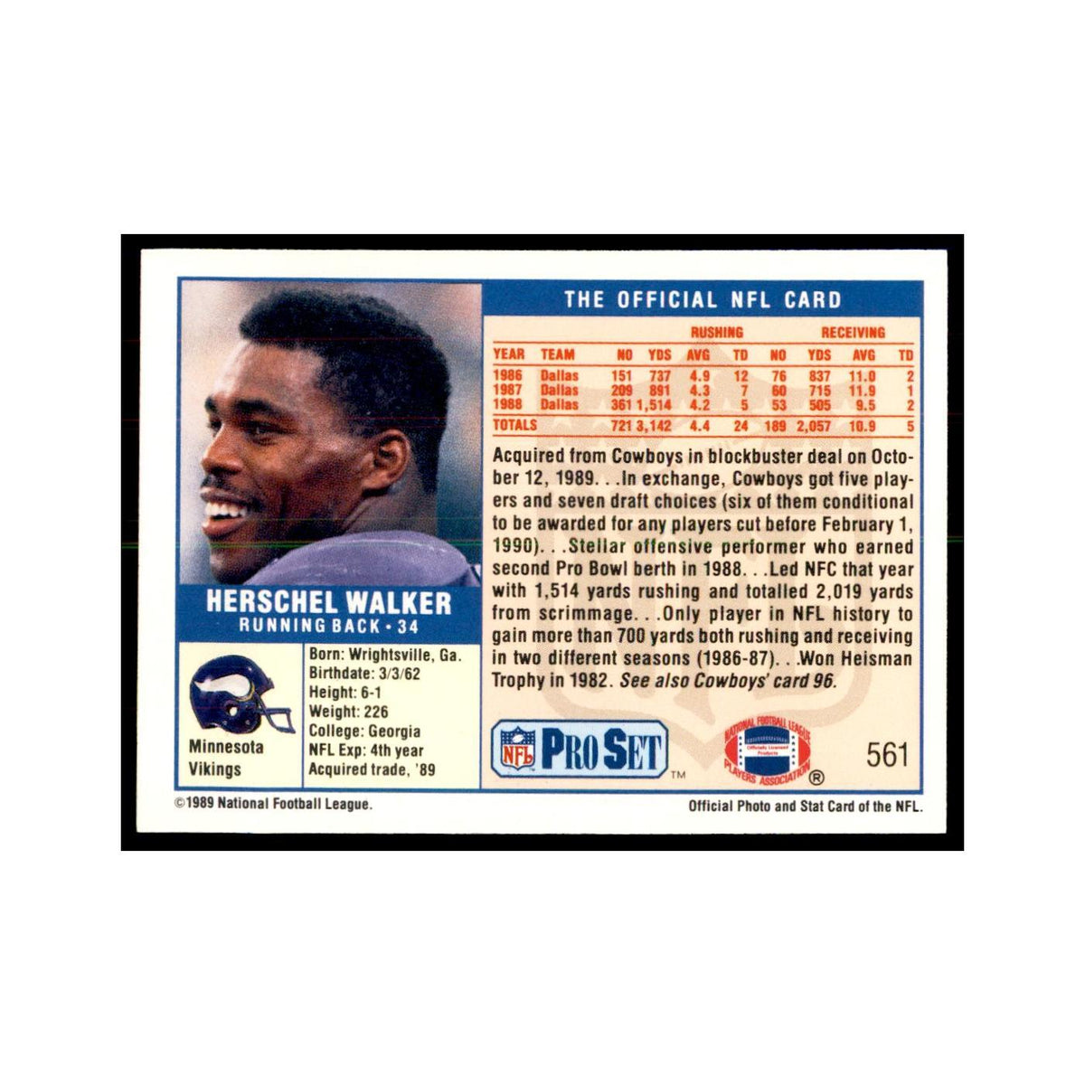 Herschel Walker 1989 Pro Set #561 Football Cards Football Card NM