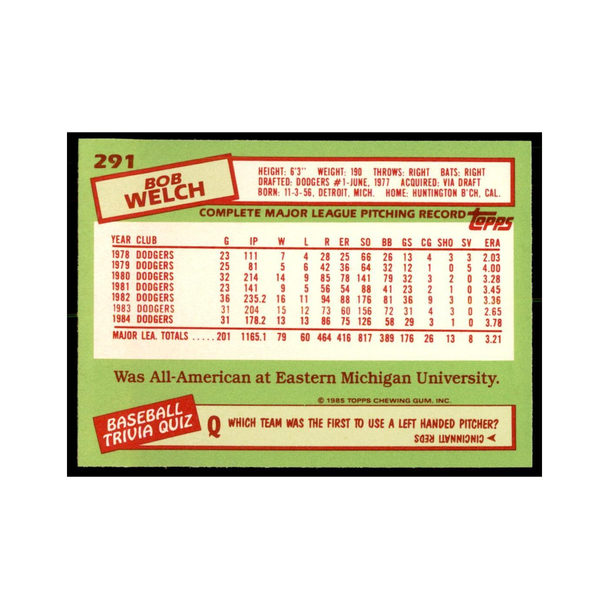 Bob Welch 1985 Topps Tiffany #291 Baseball Cards Baseball Card NM