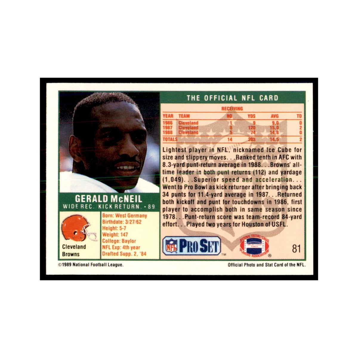 Gerald McNeil 1989 Pro Set #81 Football Cards Football Card NM