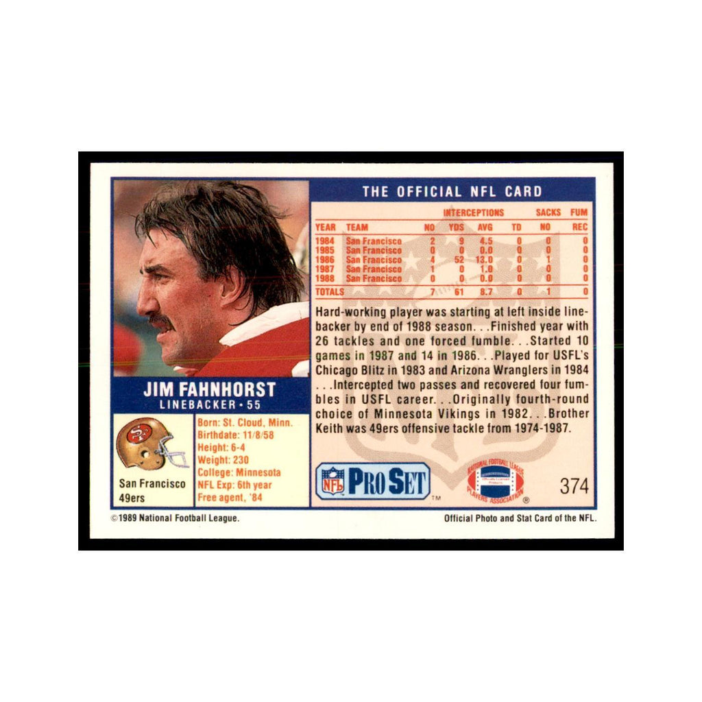 Jim Fahnhorst 1989 Pro Set #374 Football Cards Football Card NM