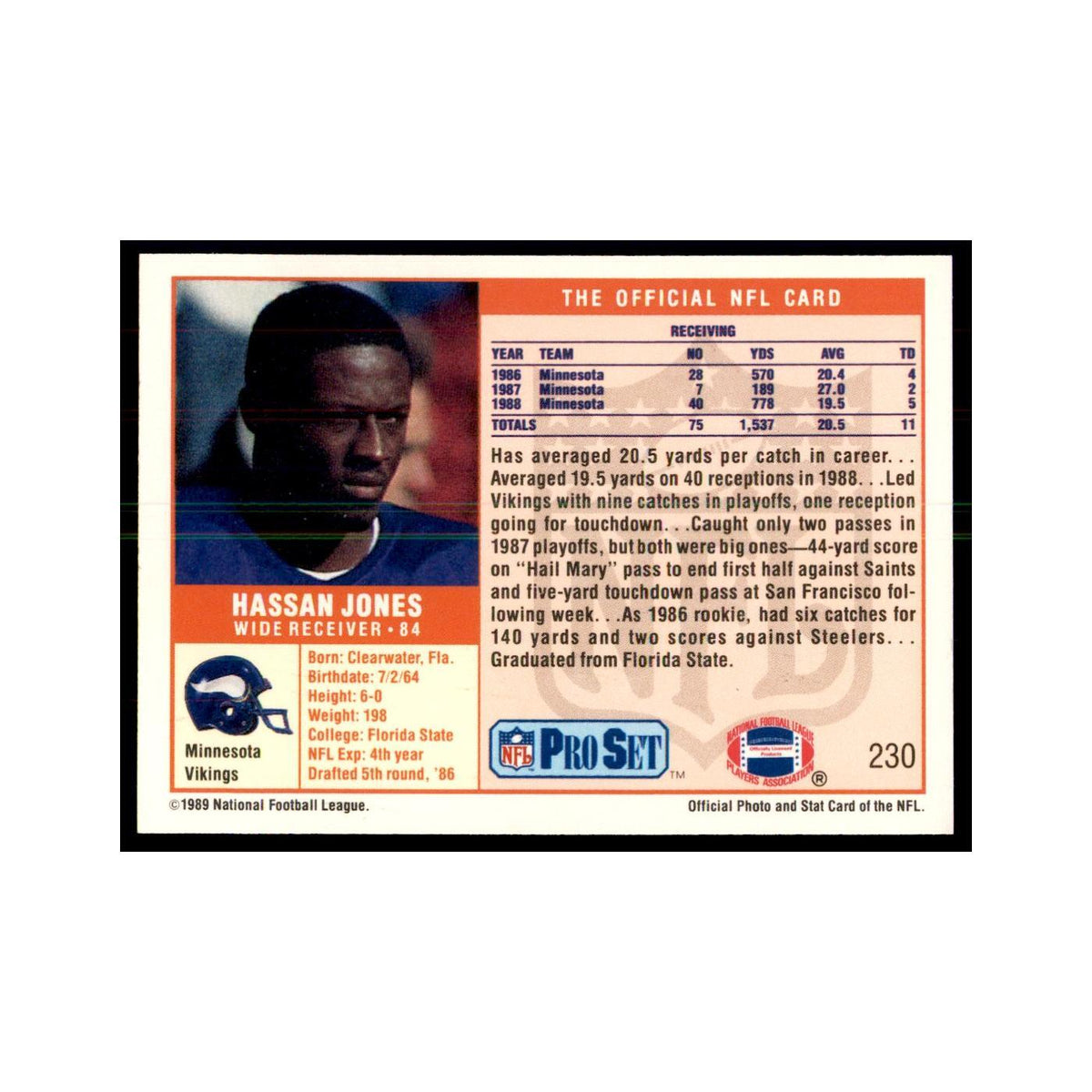 Hassan Jones 1989 Pro Set #230 Football Cards Football Card NM