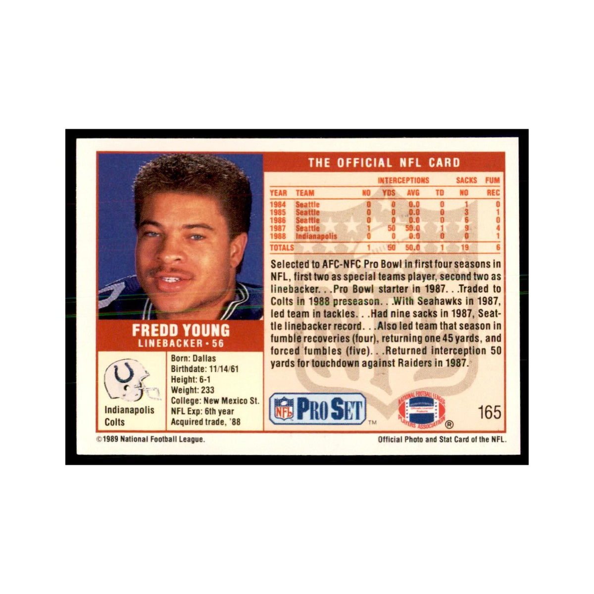 Fredd Young 1989 Pro Set #165 Football Cards Football Card NM