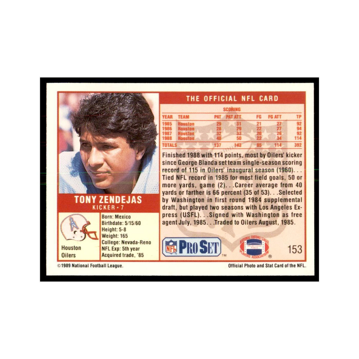 Tony Zendejas 1989 Pro Set #153 Football Cards Football Card NM