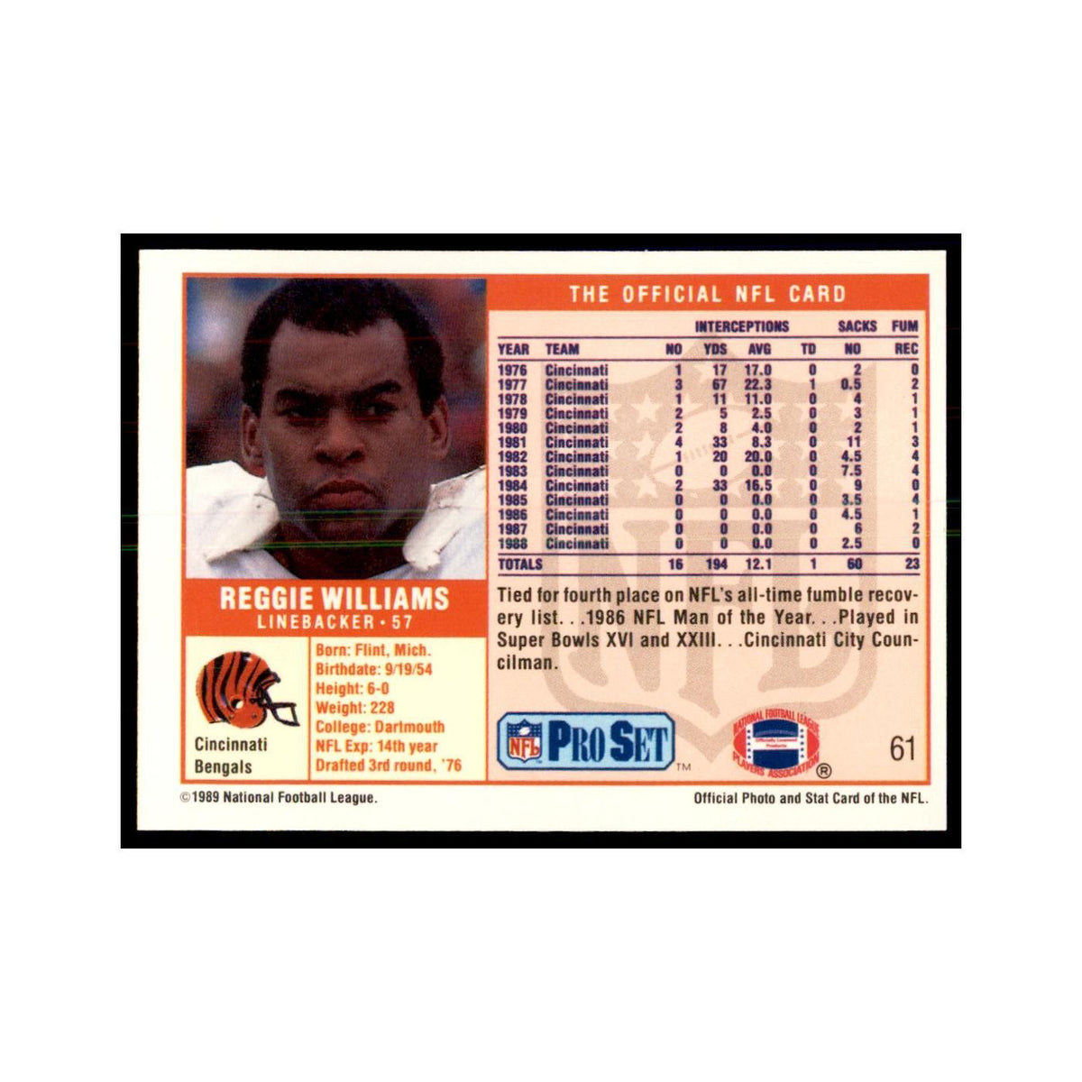 Reggie Williams 1989 Pro Set #61 Football Cards Football Card NM