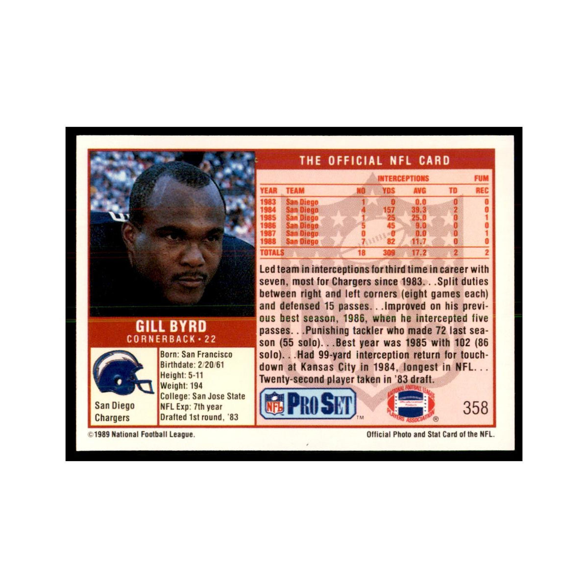 Gill Byrd 1989 Pro Set #358 Football Cards Football Card NM
