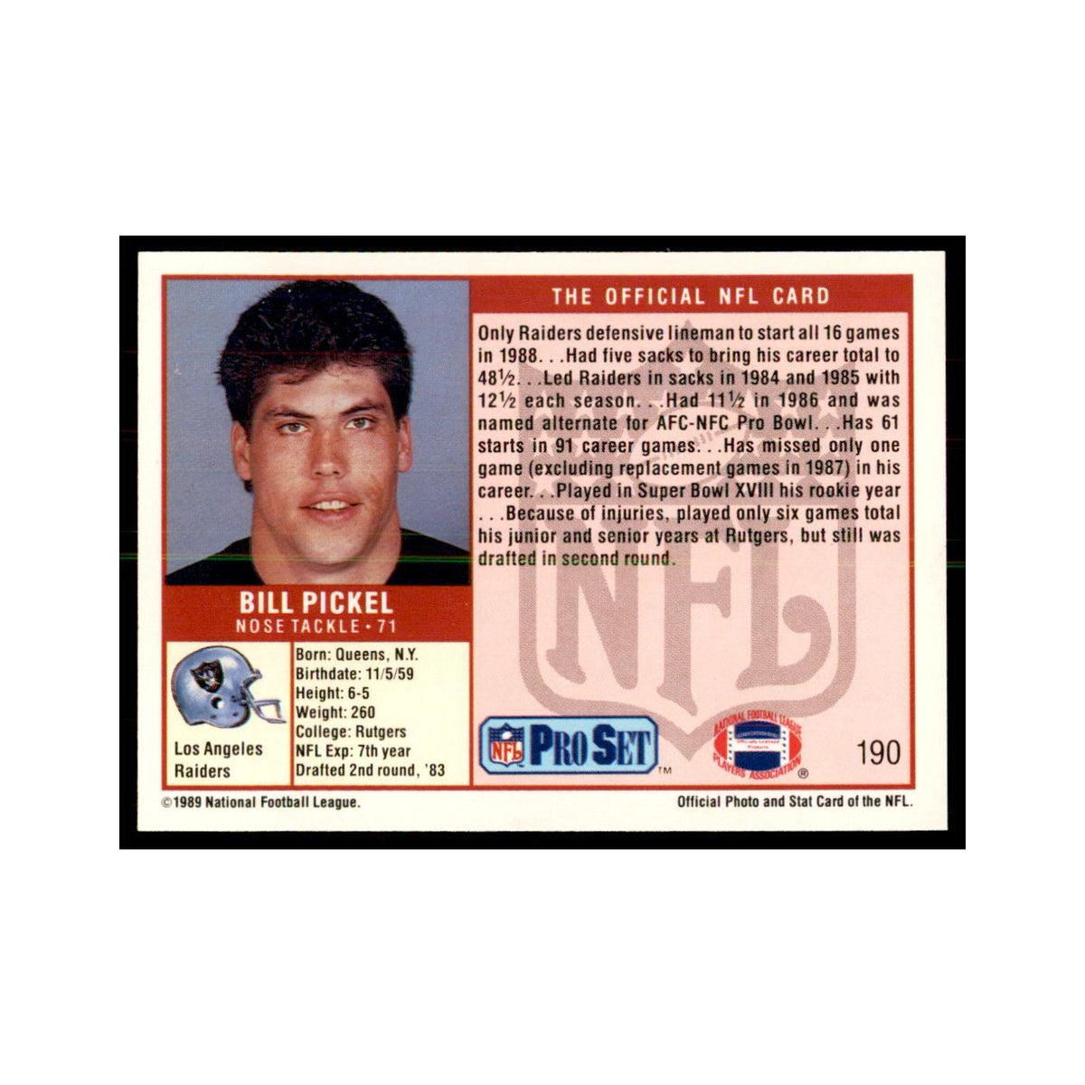 Bill Pickel 1989 Pro Set #190 Football Cards Football Card NM