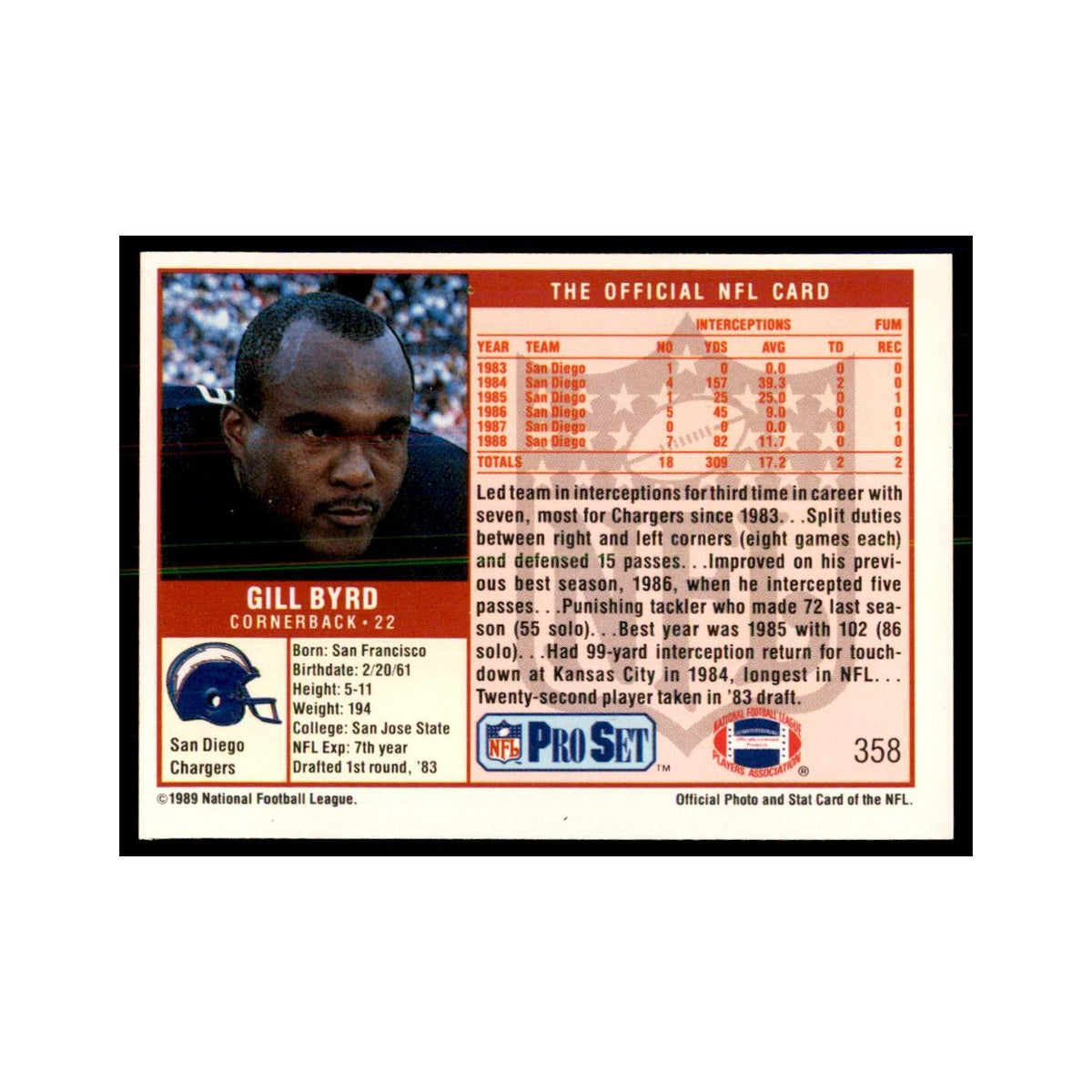 Gill Byrd 1989 Pro Set #358 Football Cards Football Card NM