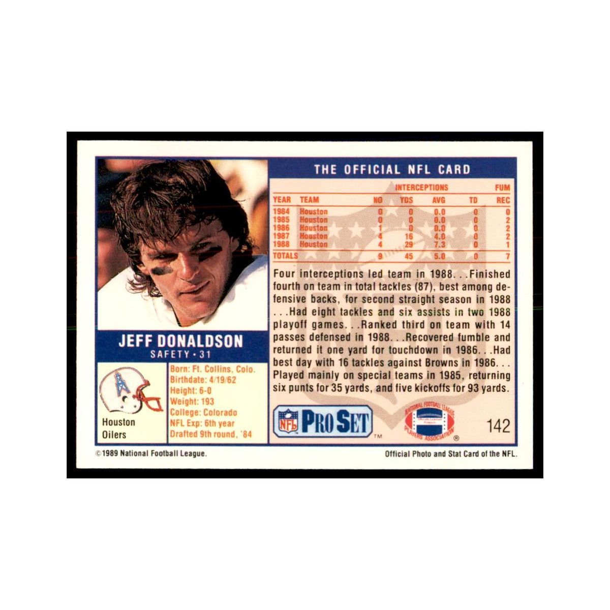 Jeff Donaldson 1989 Pro Set #142 Football Cards Football Card NM