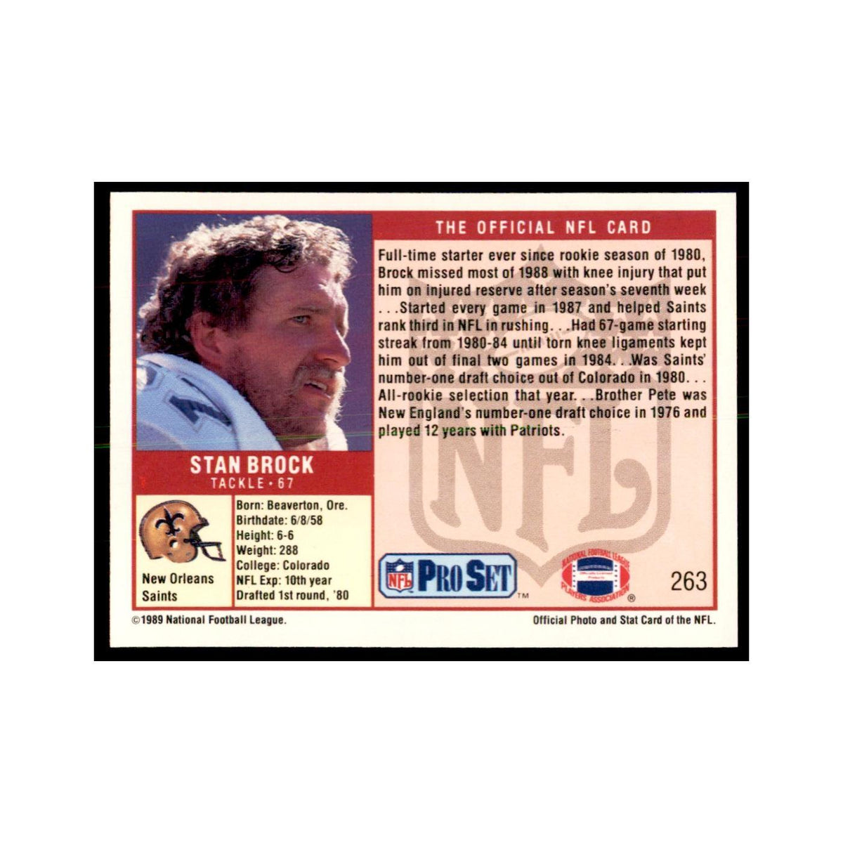 Stan Brock 1989 Pro Set #263 Football Cards Football Card NM