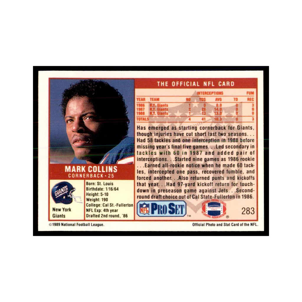 Mark Collins 1989 Pro Set #283 Football Cards Football Card NM