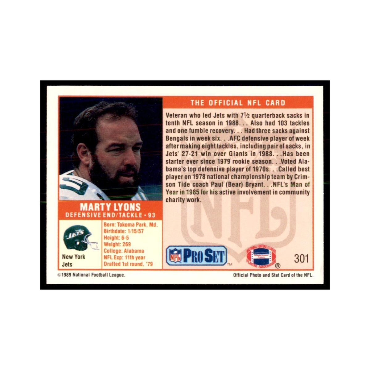 Marty Lyons 1989 Pro Set #301 Football Cards Football Card NM
