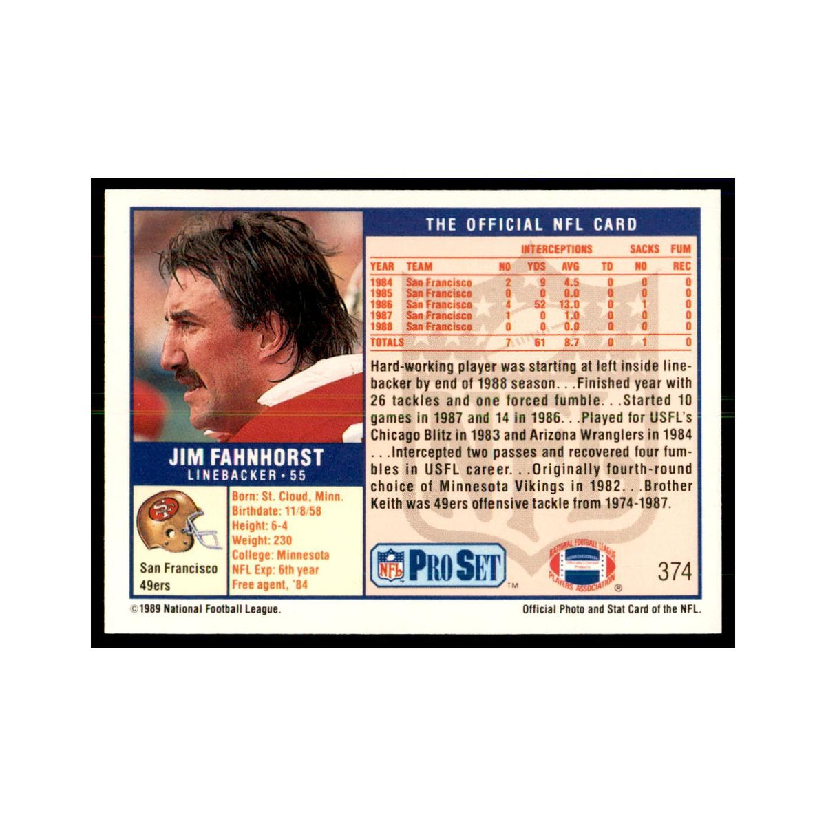 Jim Fahnhorst 1989 Pro Set #374 Football Cards Football Card NM