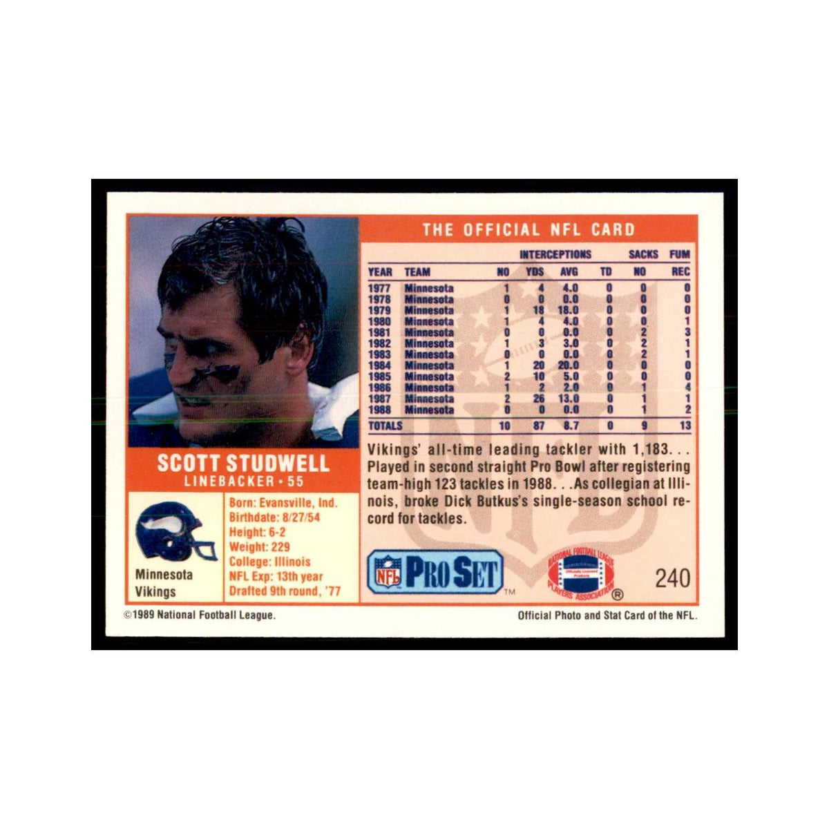 Scott Studwell 1989 Pro Set #240 Football Cards Football Card NM