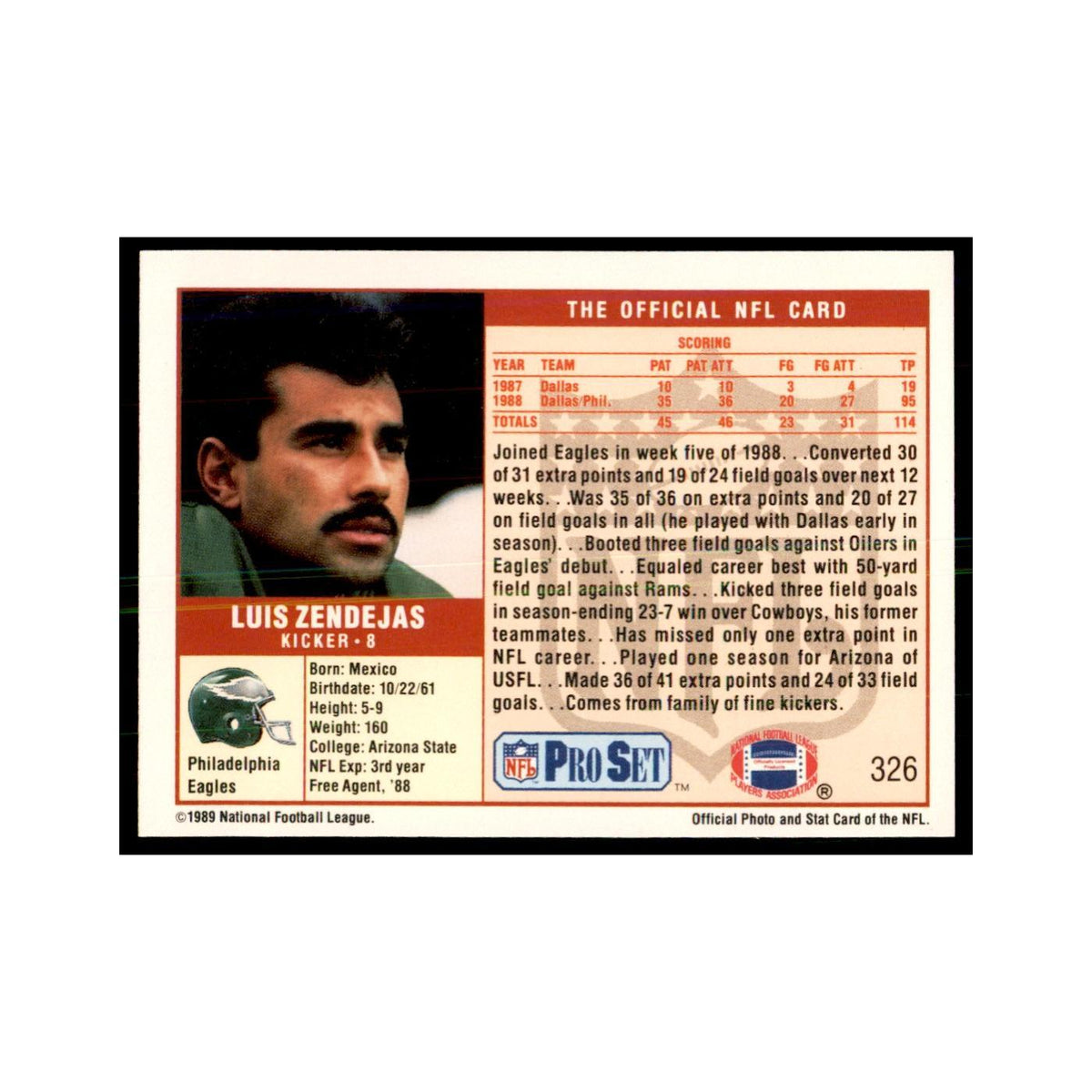 Luis Zendejas 1989 Pro Set #326 Football Cards Football Card NM