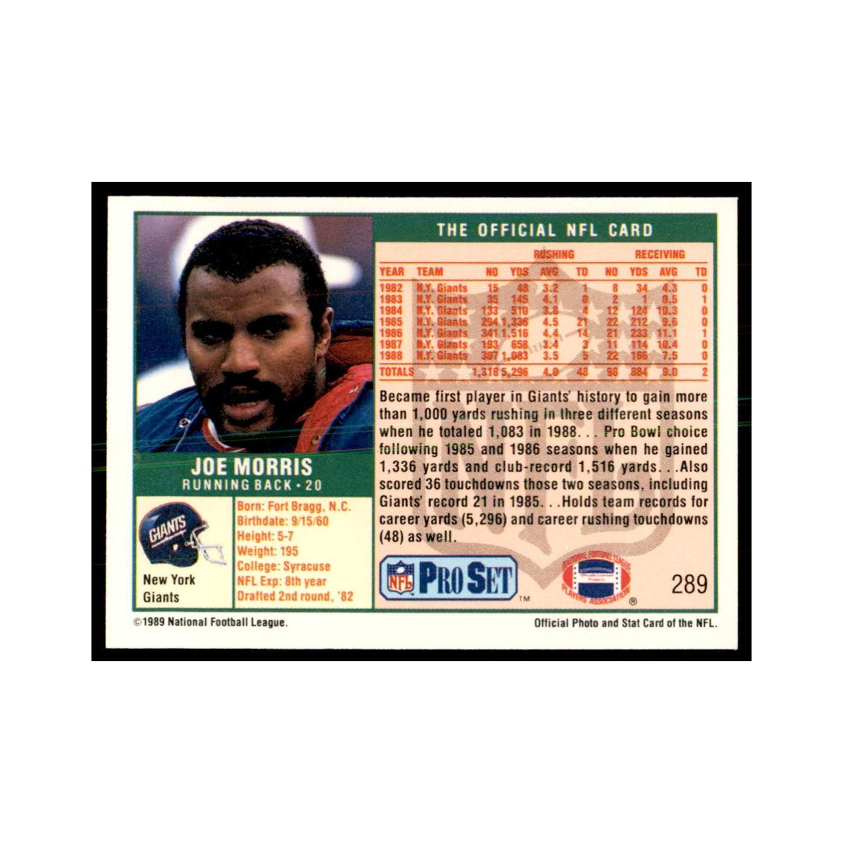 Joe Morris 1989 Pro Set #289 Football Cards Football Card NM