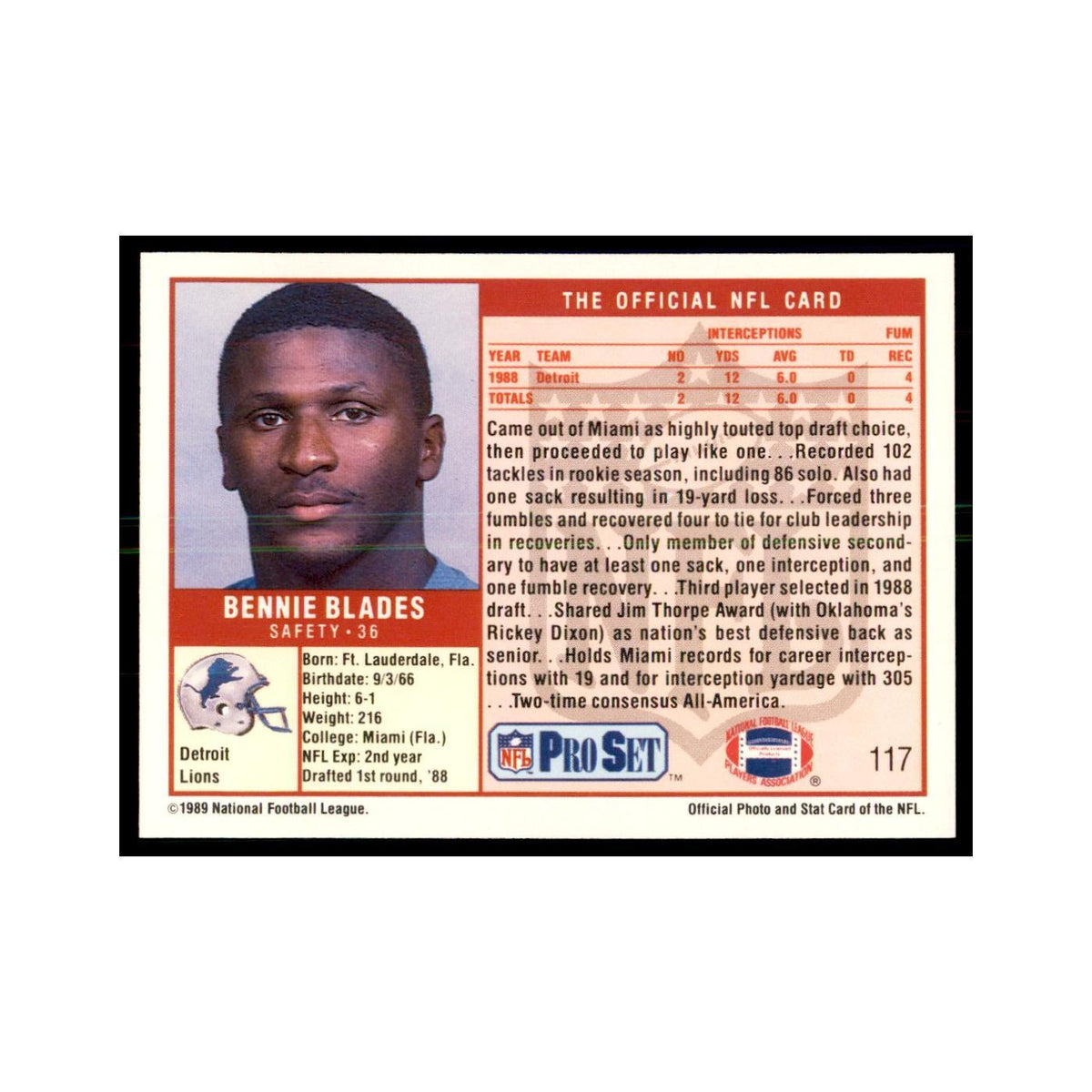 Bennie Blades 1989 Pro Set #117 Football Cards Football Card NM