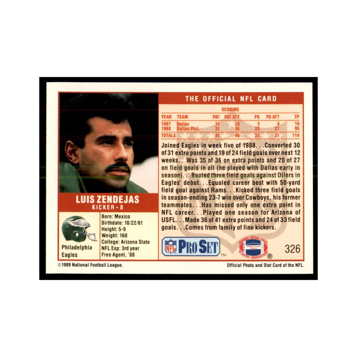 Luis Zendejas 1989 Pro Set #326 Football Cards Football Card NM