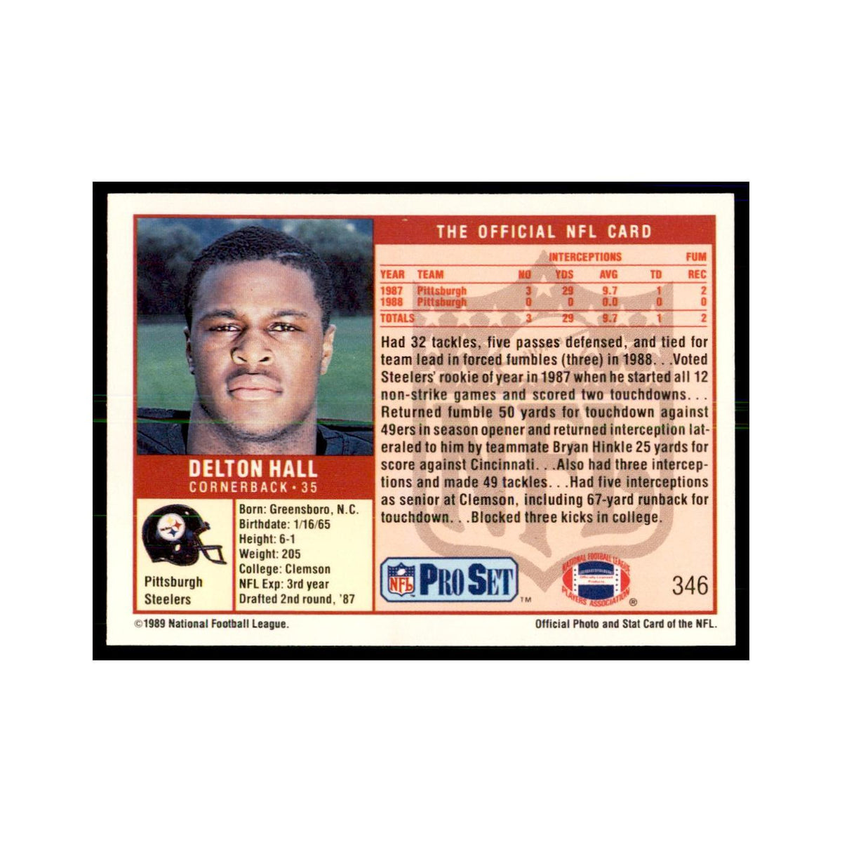 Delton Hall 1989 Pro Set #346 Football Cards Football Card NM