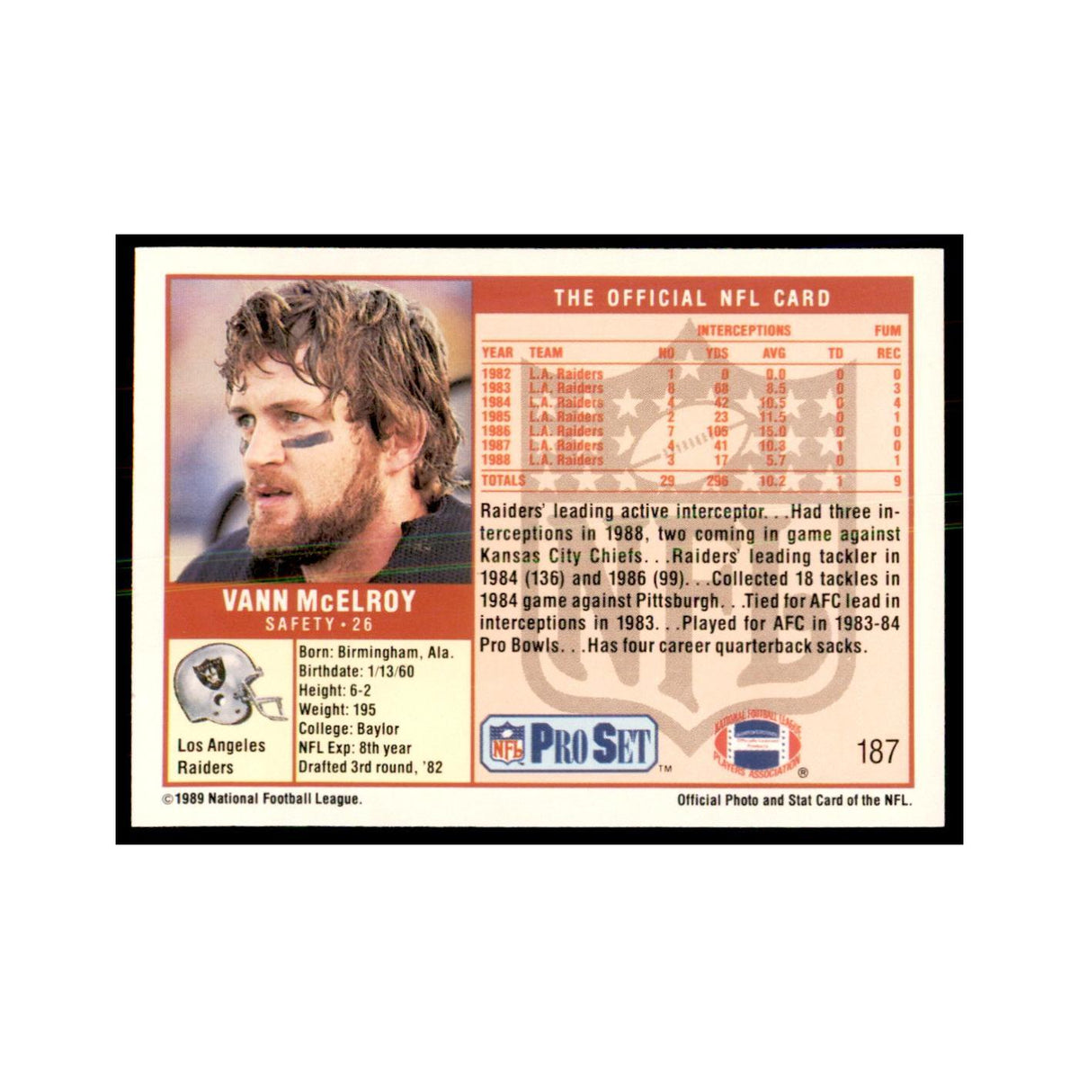 Vann McElroy 1989 Pro Set #187 Football Cards Football Card NM