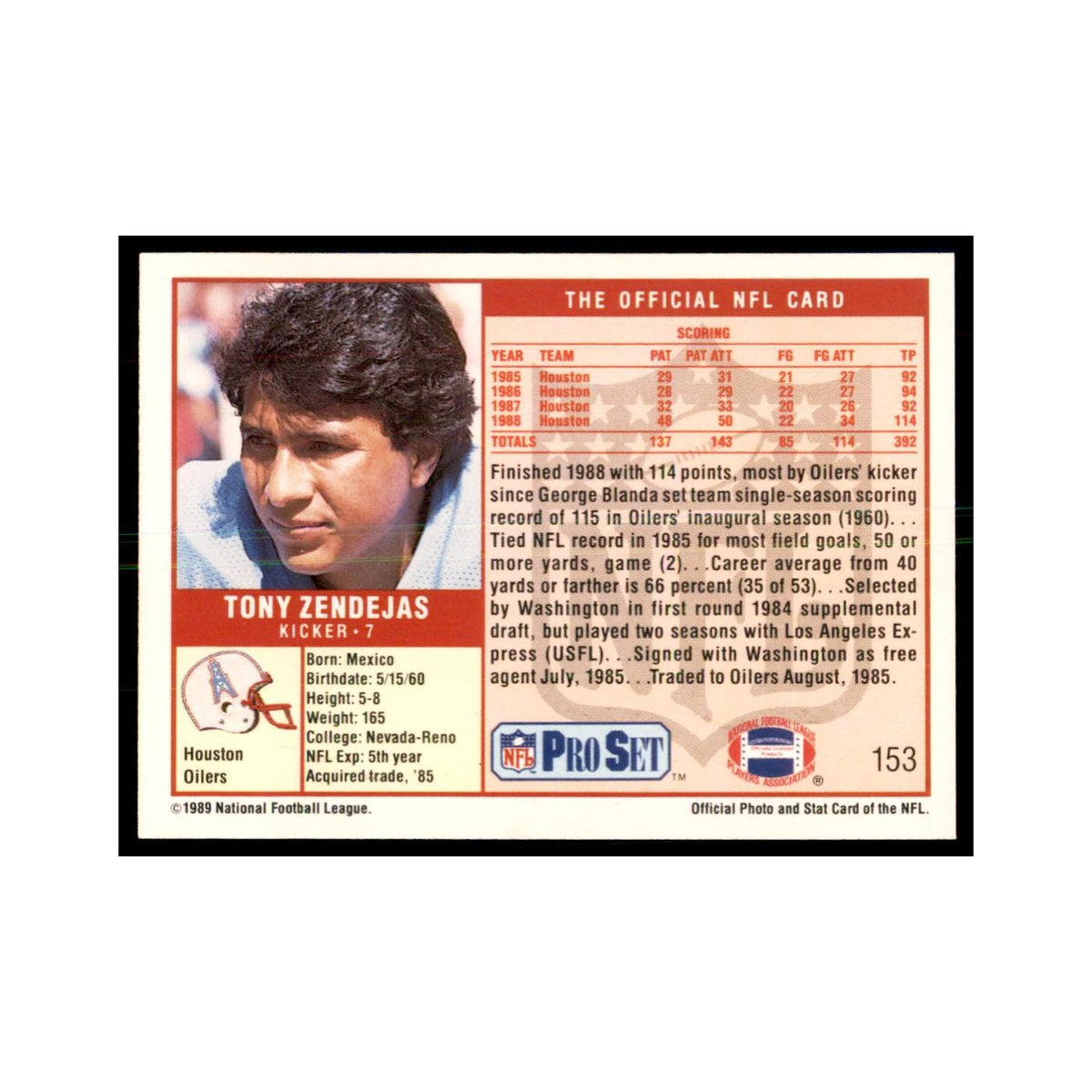 Tony Zendejas 1989 Pro Set #153 Football Cards Football Card NM