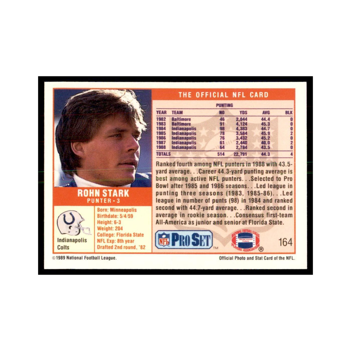 Rohn Stark 1989 Pro Set #164 Football Cards Football Card NM