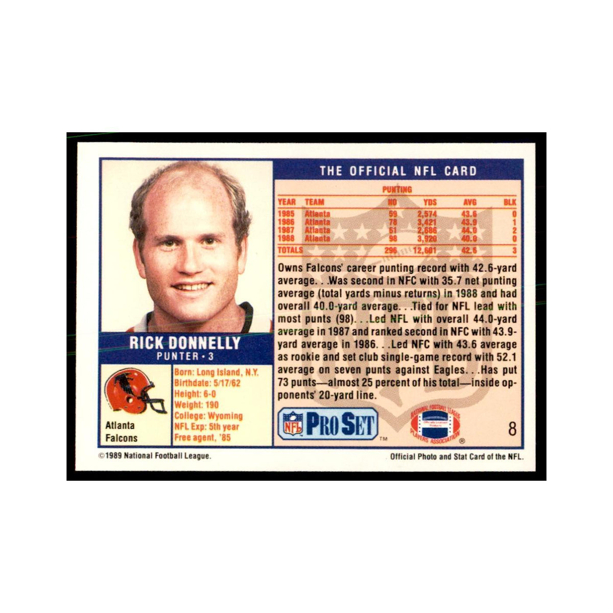 Rick Donnelly 1989 Pro Set #8 Football Cards Football Card NM