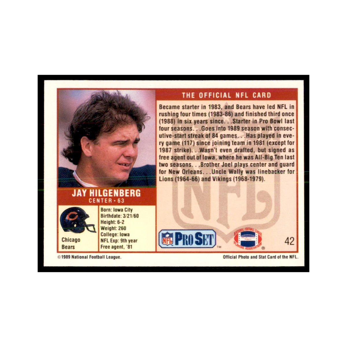 Jay Hilgenberg 1989 Pro Set #42 Football Cards Football Card NM