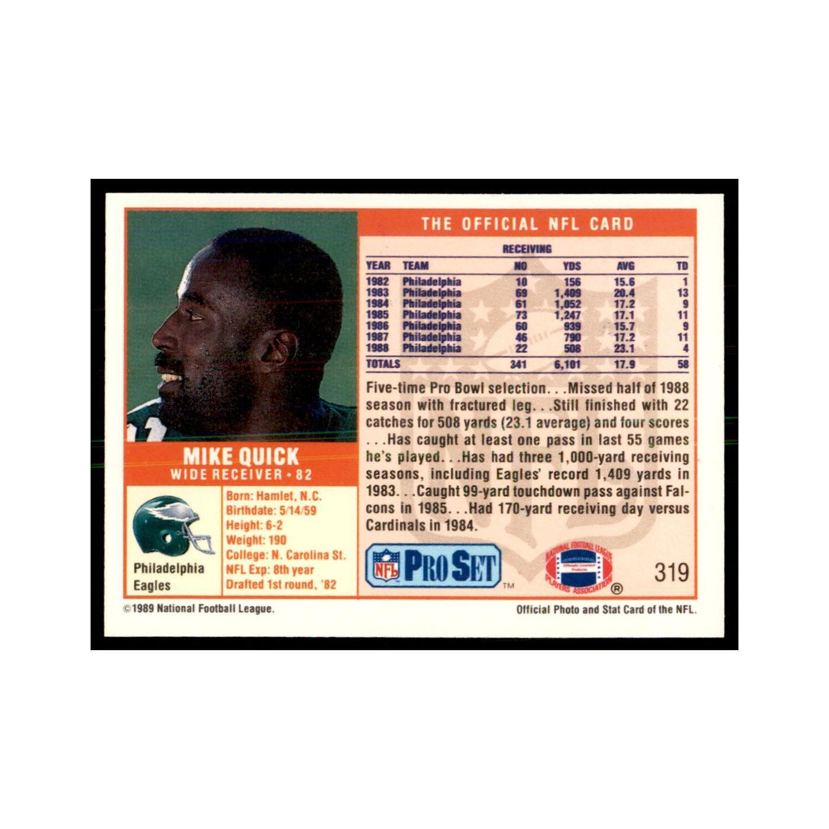 Mike Quick 1989 Pro Set #319 Football Cards Football Card NM