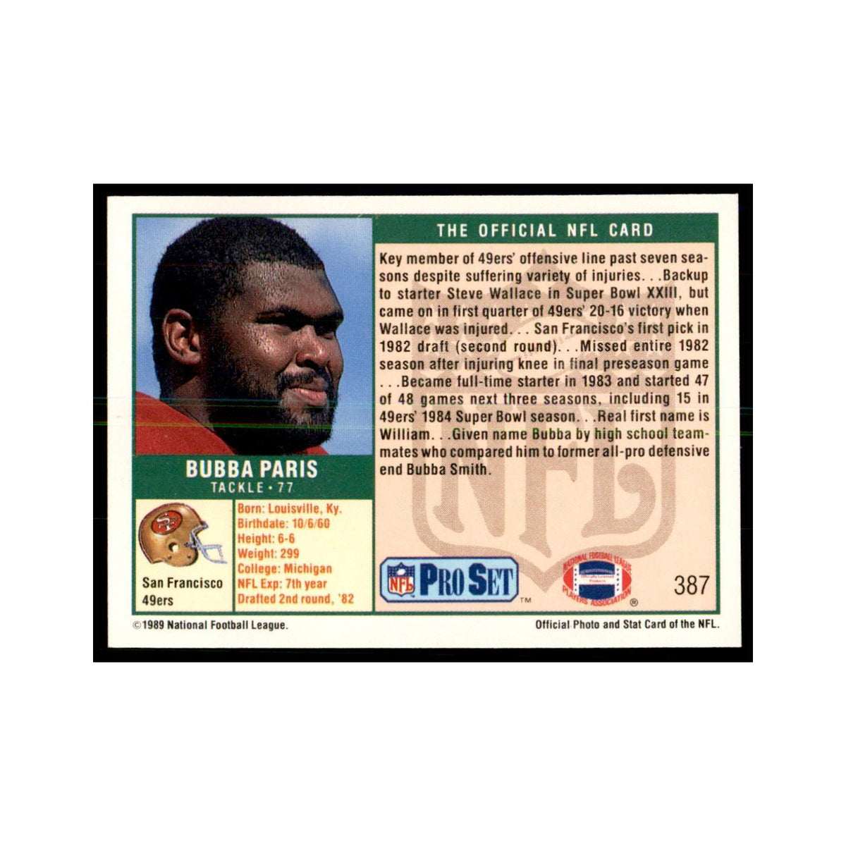 Bubba Paris 1989 Pro Set #387 Football Cards Football Card NM