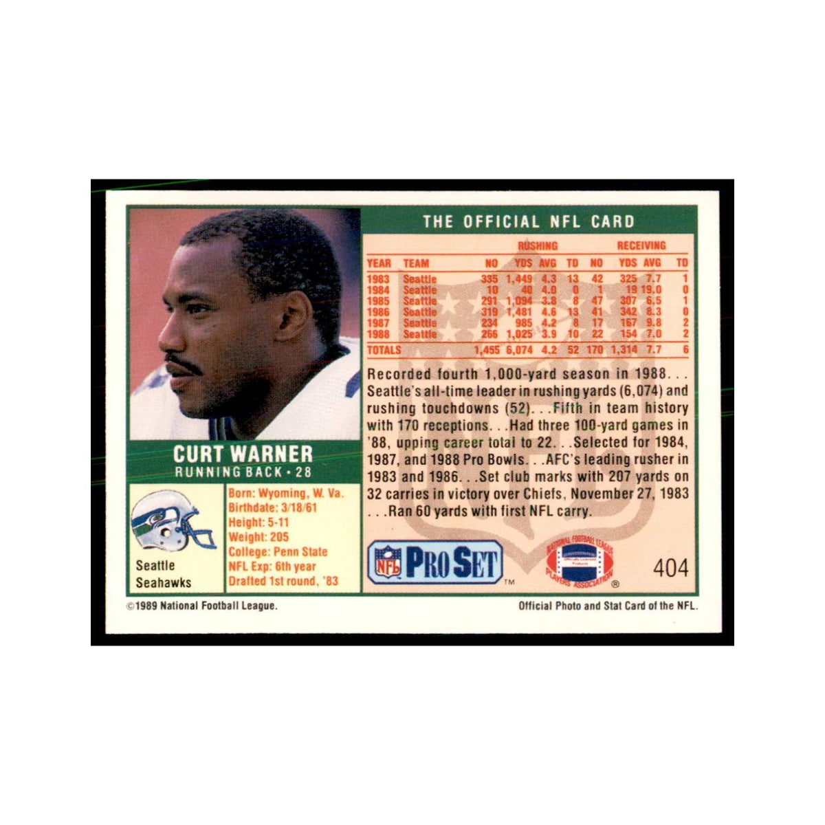 Curt Warner 1989 Pro Set #404 Football Cards Football Card NM