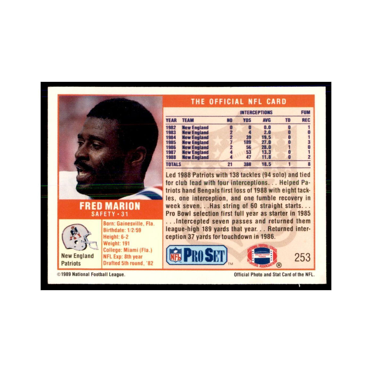 Fred Marion 1989 Pro Set #253 Football Cards Football Card NM