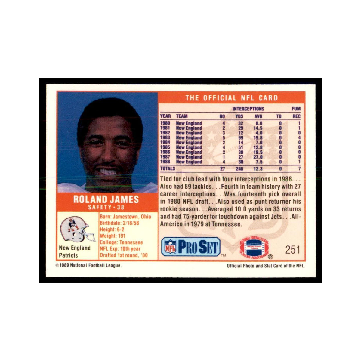 Roland James 1989 Pro Set #251 Football Cards Football Card NM