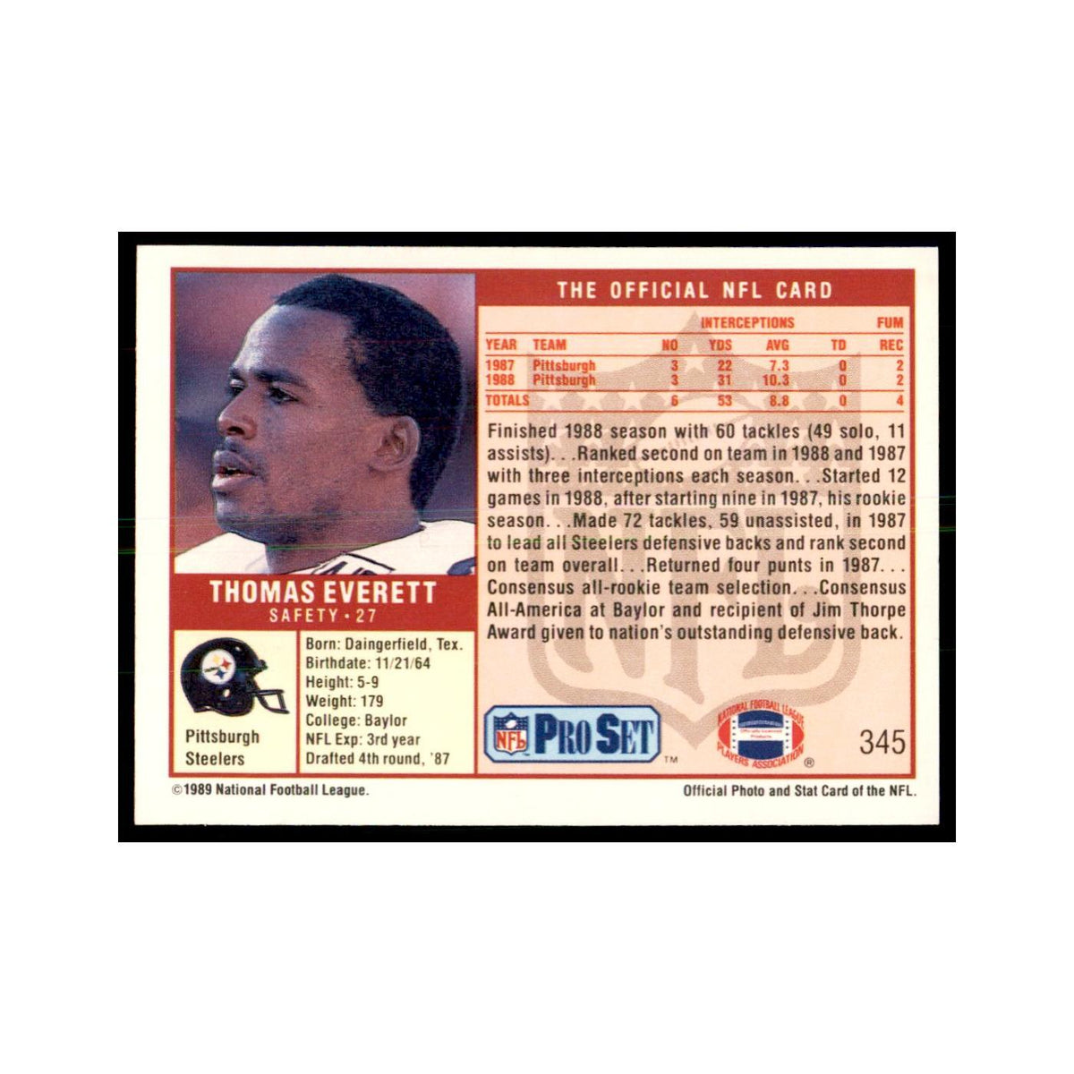 Thomas Everett 1989 Pro Set #345 Football Cards Football Card NM