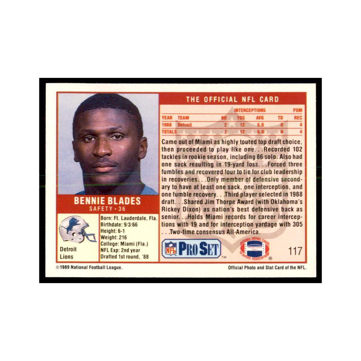 Bennie Blades 1989 Pro Set #117 Football Cards Football Card NM