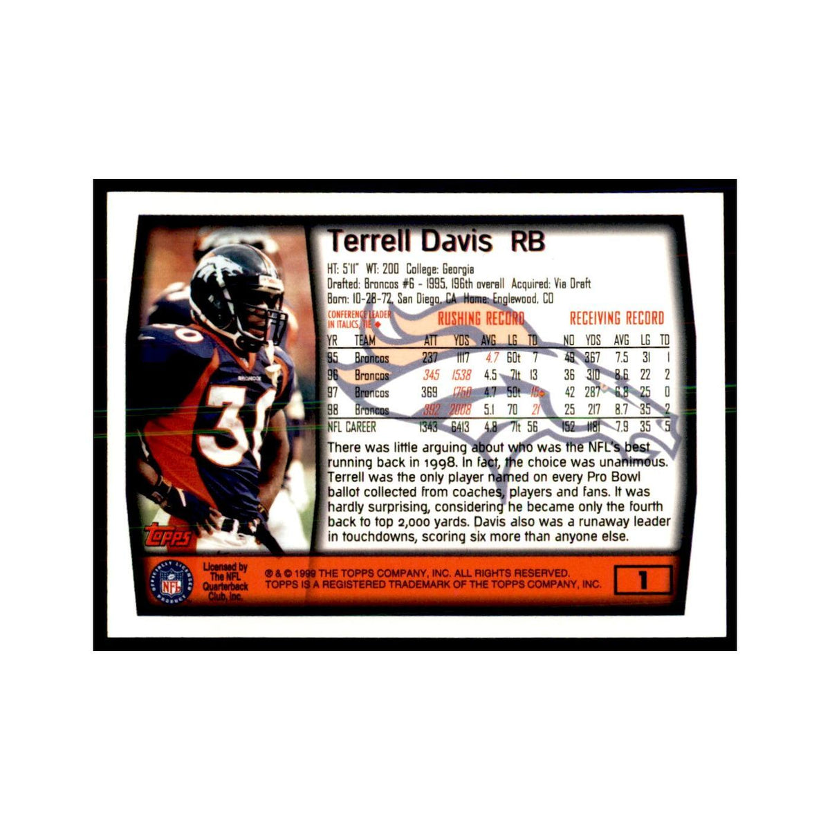 Terrell Davis 1999 Topps #1 Football Cards Football Card NM