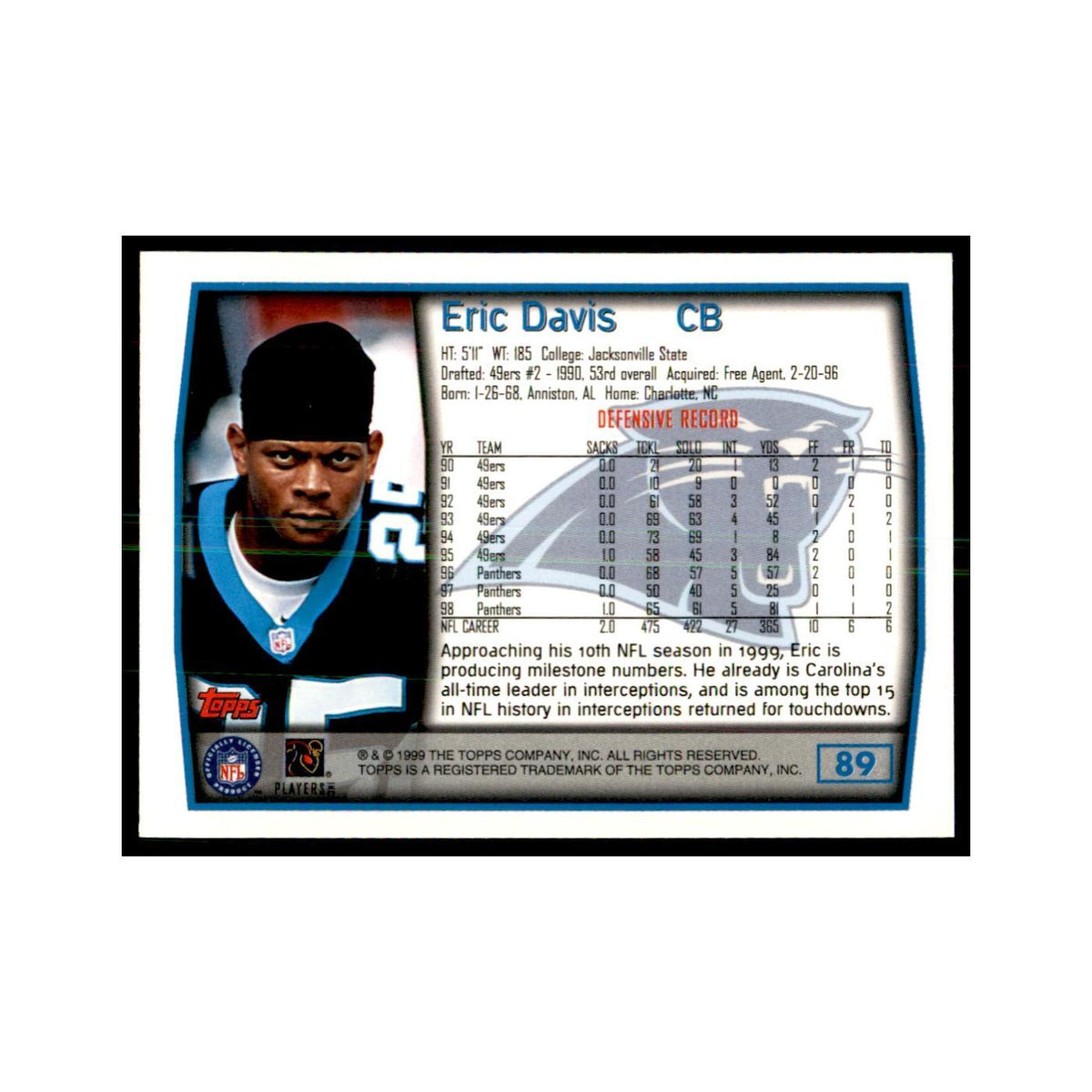 Eric Davis 1999 Topps #89 Football Cards Football Card NM