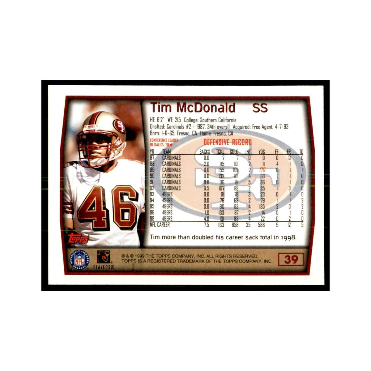 Tim McDonald 1999 Topps #39 Football Cards Football Card NM