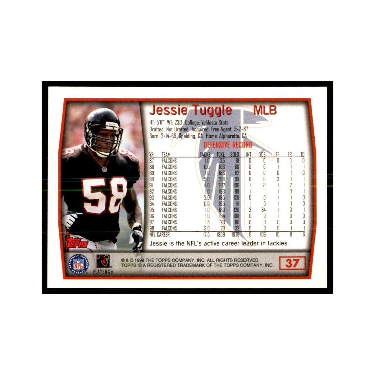 Jessie Tuggle 1999 Topps #37 Football Cards Football Card NM
