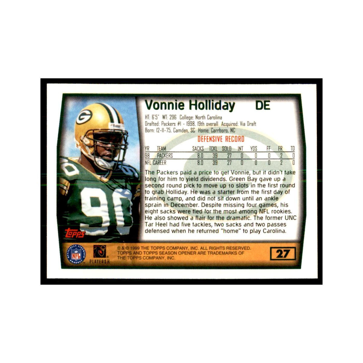 Vonnie Holliday 1999 Topps #27 Football Cards Football Card NM